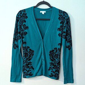 NY & Company Teal & Black Damask Pattern Cardigan Sweater. Size Medium.